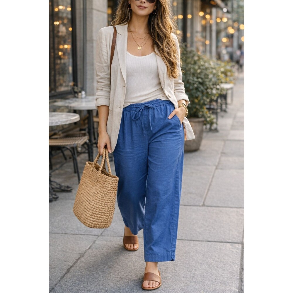 Banana Republic Linen Blend Wide Leg Crop Pants Blue Elastic Waist Women M